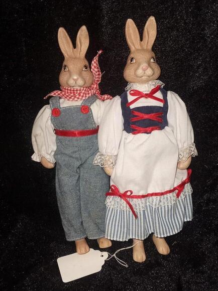 Pair of Vtg Anthromorphic Rabbits - Porcelain Head,Soft Body - Picture 2 of 5